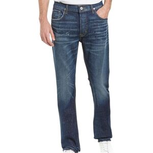 Blue Straight-Leg Jeans with Faded Detailing and Contrast Stitching